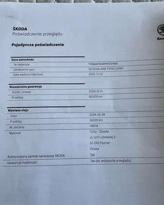 Skoda Octavia cena 92900 przebieg: 38000, rok produkcji 2020 z Swarzędz małe 121